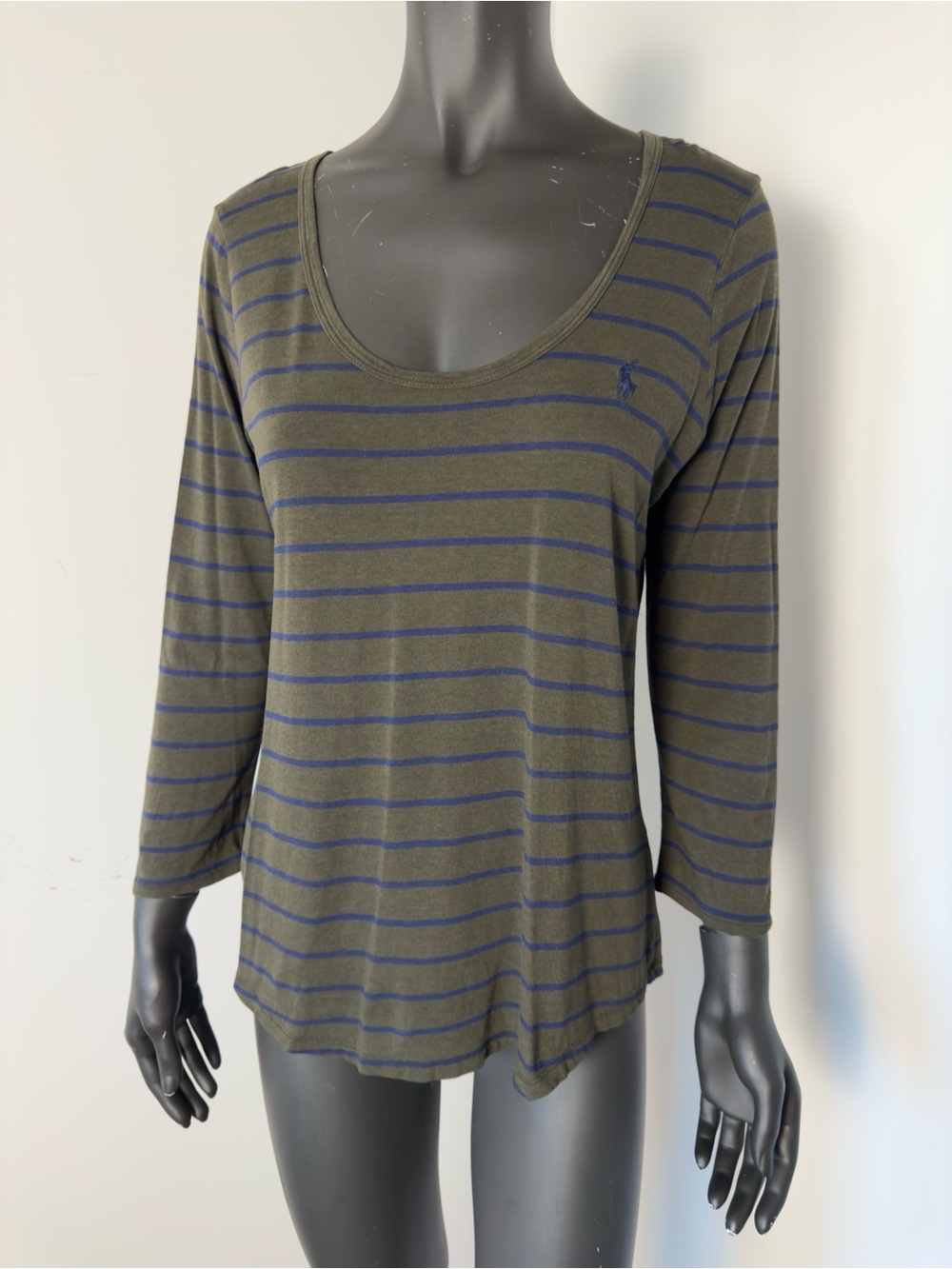 352. Ralph Lauren Olive & Navy Striped Long Sleeve Scoop Top
